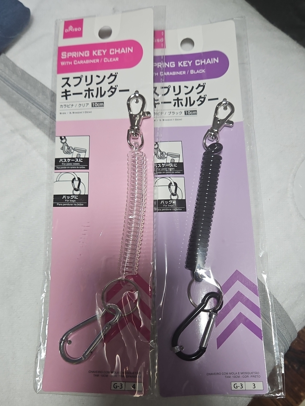 2 Daiso Clear and Black Spring Key Chain with Carabiner Card Holder